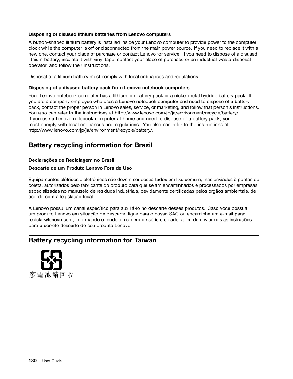 Battery recycling information for brazil, Battery recycling information for taiwan | Lenovo ThinkPad X140e User Manual | Page 146 / 156