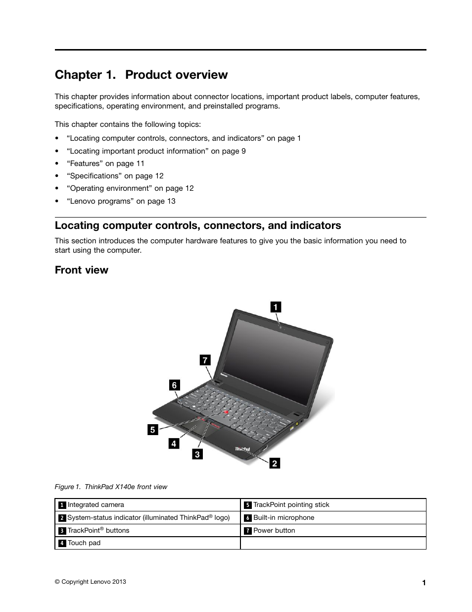 Chapter 1. product overview, Front view | Lenovo ThinkPad X140e User Manual | Page 17 / 156