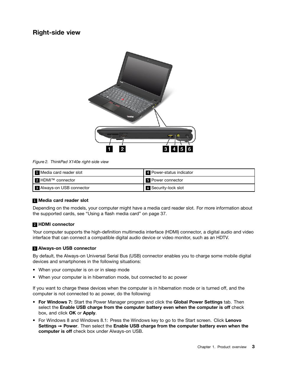 Right-side view | Lenovo ThinkPad X140e User Manual | Page 19 / 156