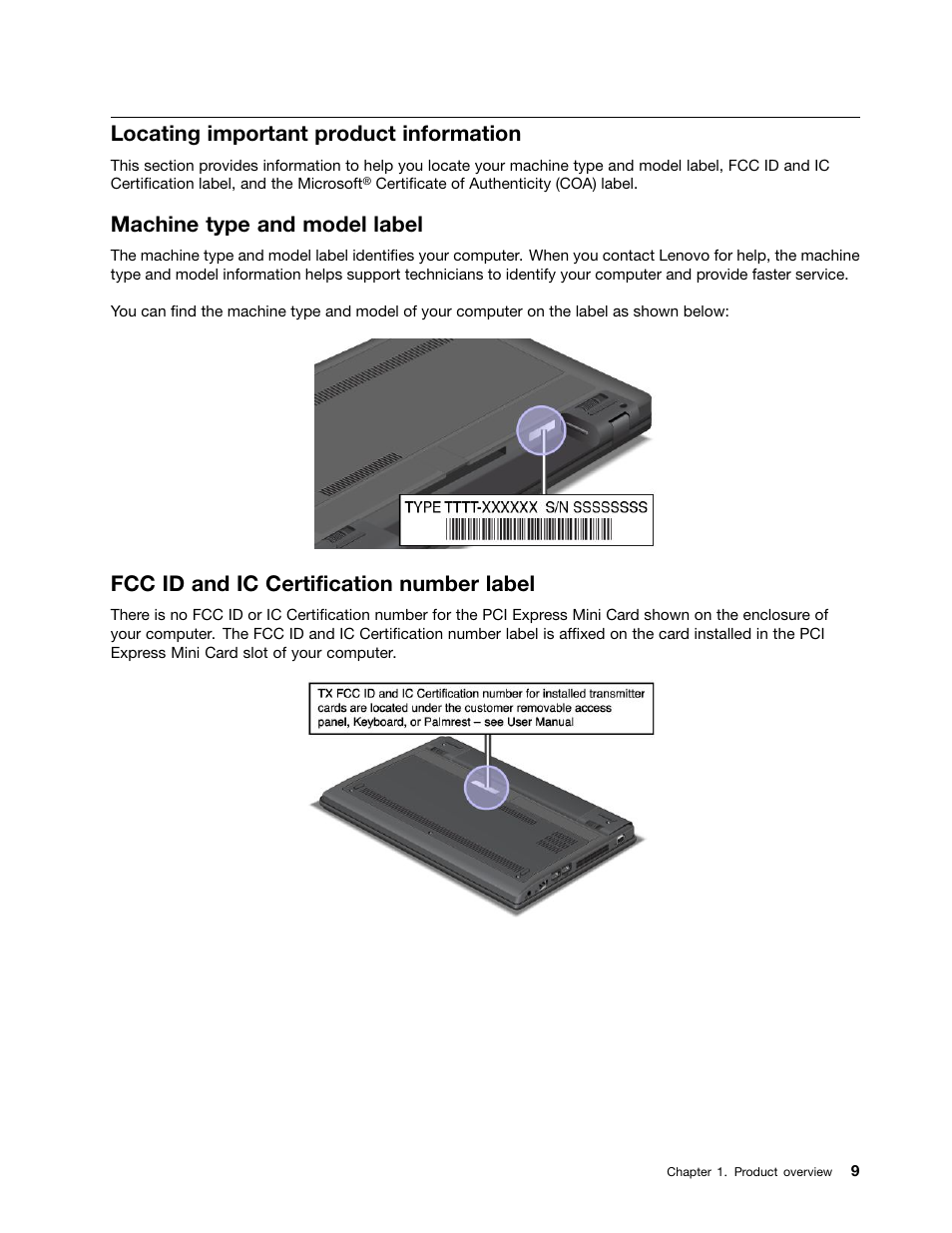 Locating important product information, Machine type and model label, Fcc id and ic certification number label | Lenovo ThinkPad X140e User Manual | Page 25 / 156