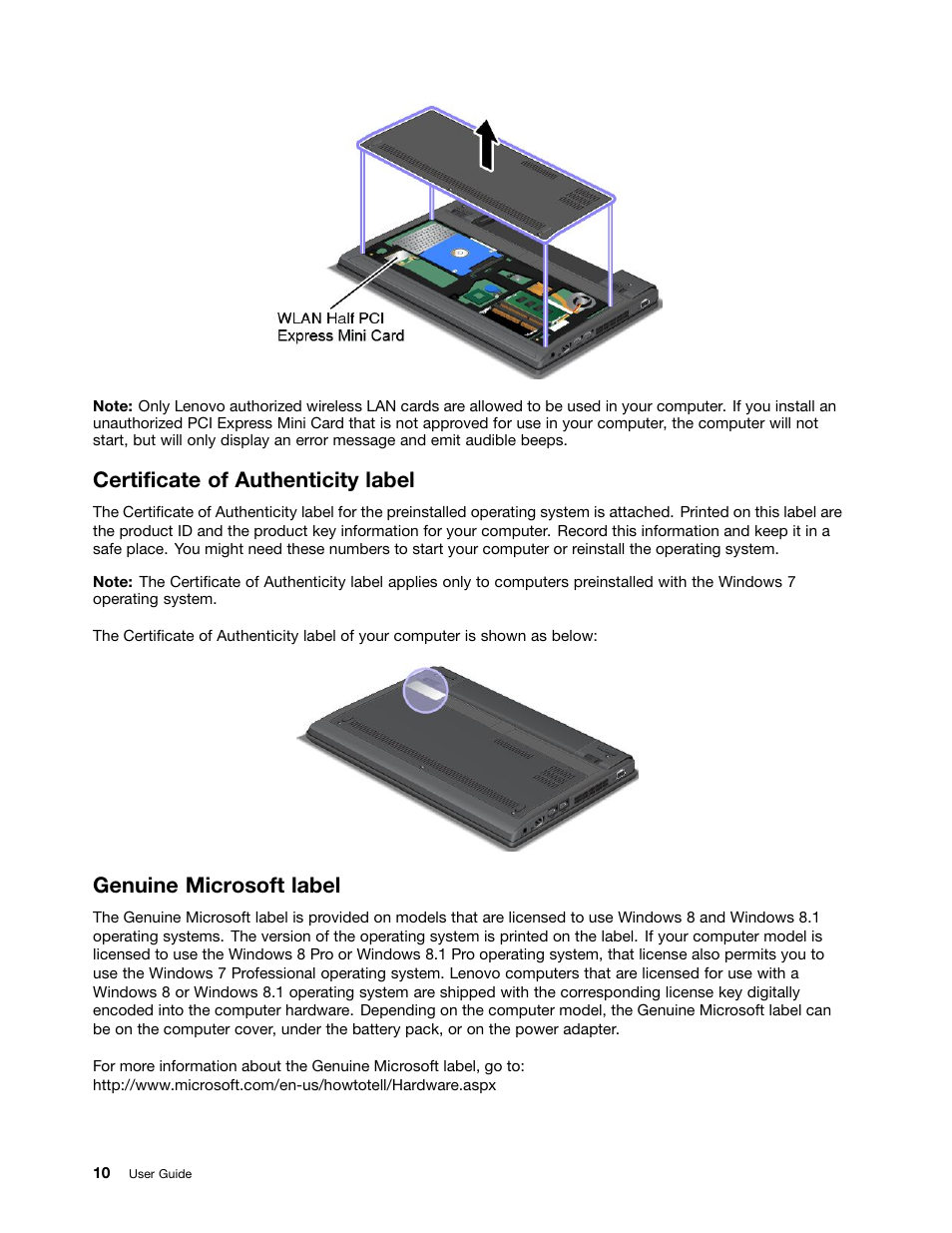 Certificate of authenticity label, Genuine microsoft label | Lenovo ThinkPad X140e User Manual | Page 26 / 156