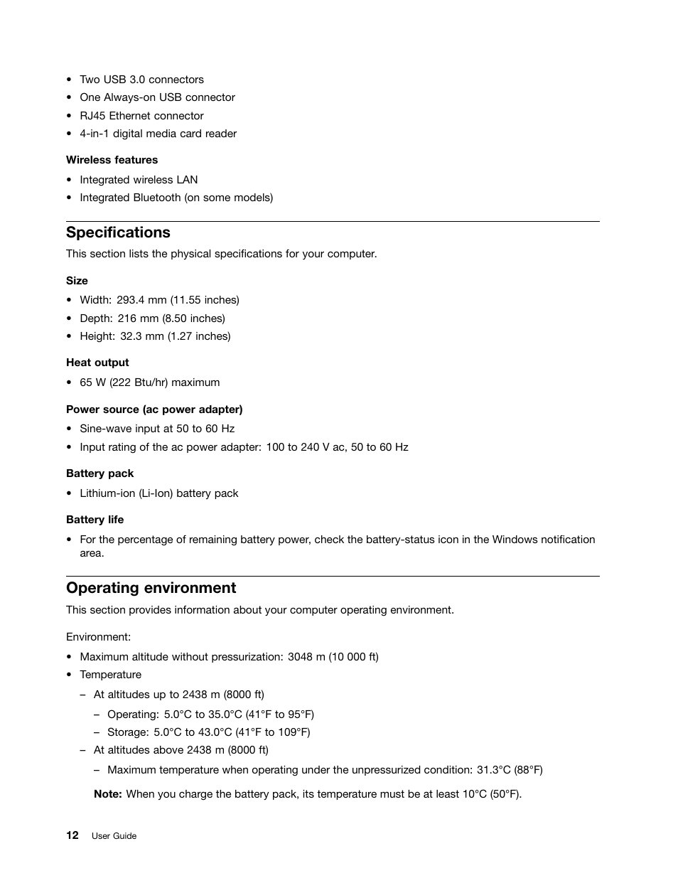 Specifications, Operating environment | Lenovo ThinkPad X140e User Manual | Page 28 / 156