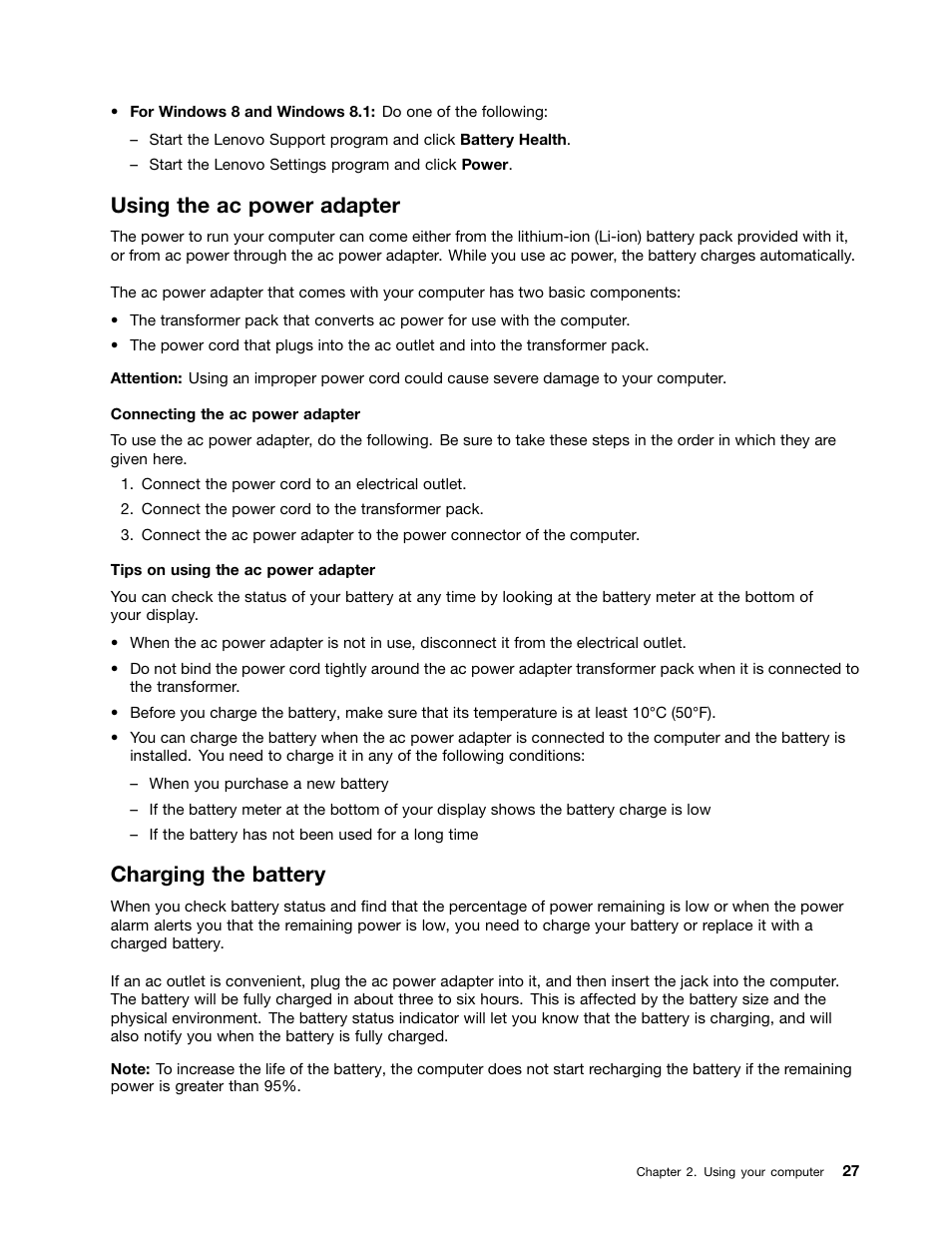 Using the ac power adapter, Charging the battery | Lenovo ThinkPad X140e User Manual | Page 43 / 156