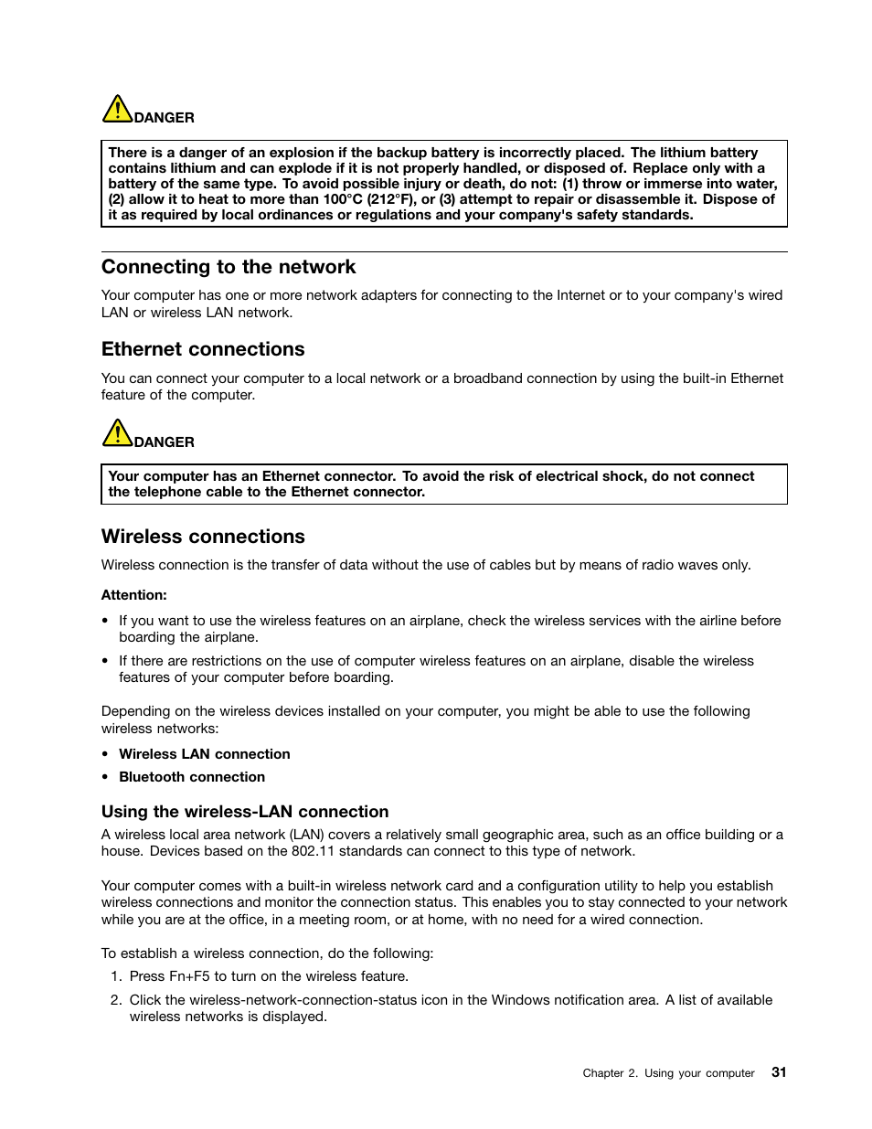 Connecting to the network, Ethernet connections, Wireless connections | Wireless connections” on | Lenovo ThinkPad X140e User Manual | Page 47 / 156