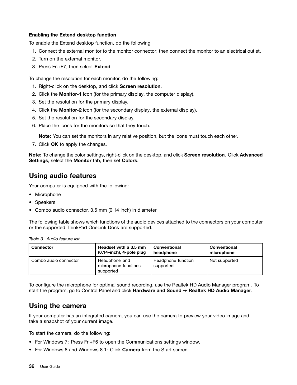 Using audio features, Using the camera | Lenovo ThinkPad X140e User Manual | Page 52 / 156