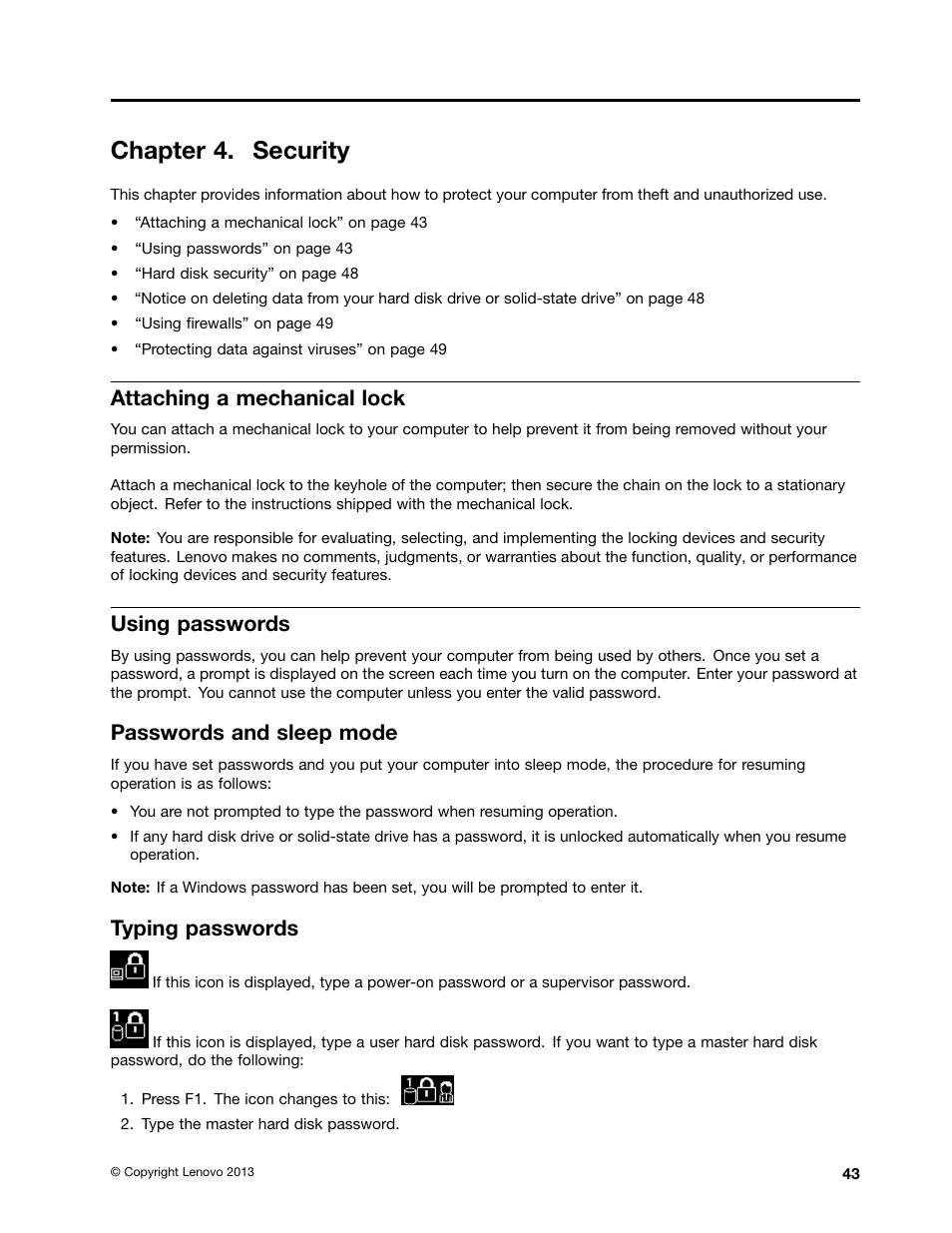 Chapter 4. security, Attaching a mechanical lock, Using passwords | Passwords and sleep mode, Typing passwords | Lenovo ThinkPad X140e User Manual | Page 59 / 156