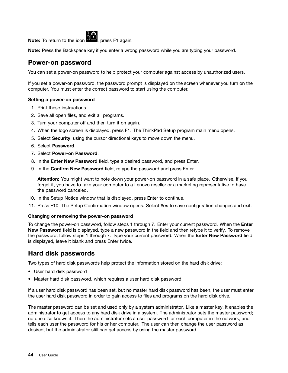 Power-on password, Hard disk passwords | Lenovo ThinkPad X140e User Manual | Page 60 / 156