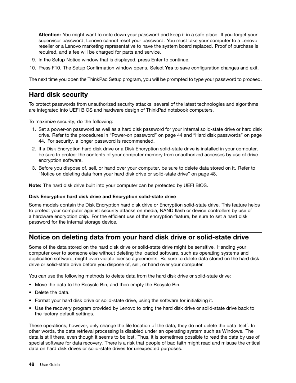 Hard disk security, Notice on | Lenovo ThinkPad X140e User Manual | Page 64 / 156