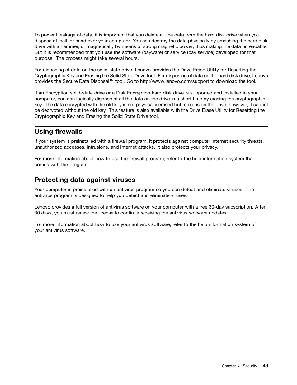 Using firewalls, Protecting data against viruses | Lenovo ThinkPad X140e User Manual | Page 65 / 156