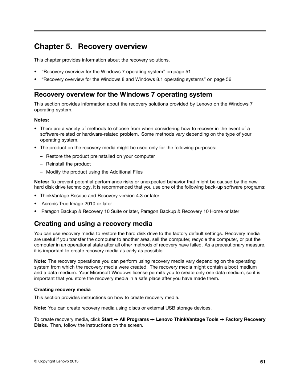 Chapter 5. recovery overview, Creating and using a recovery media | Lenovo ThinkPad X140e User Manual | Page 67 / 156