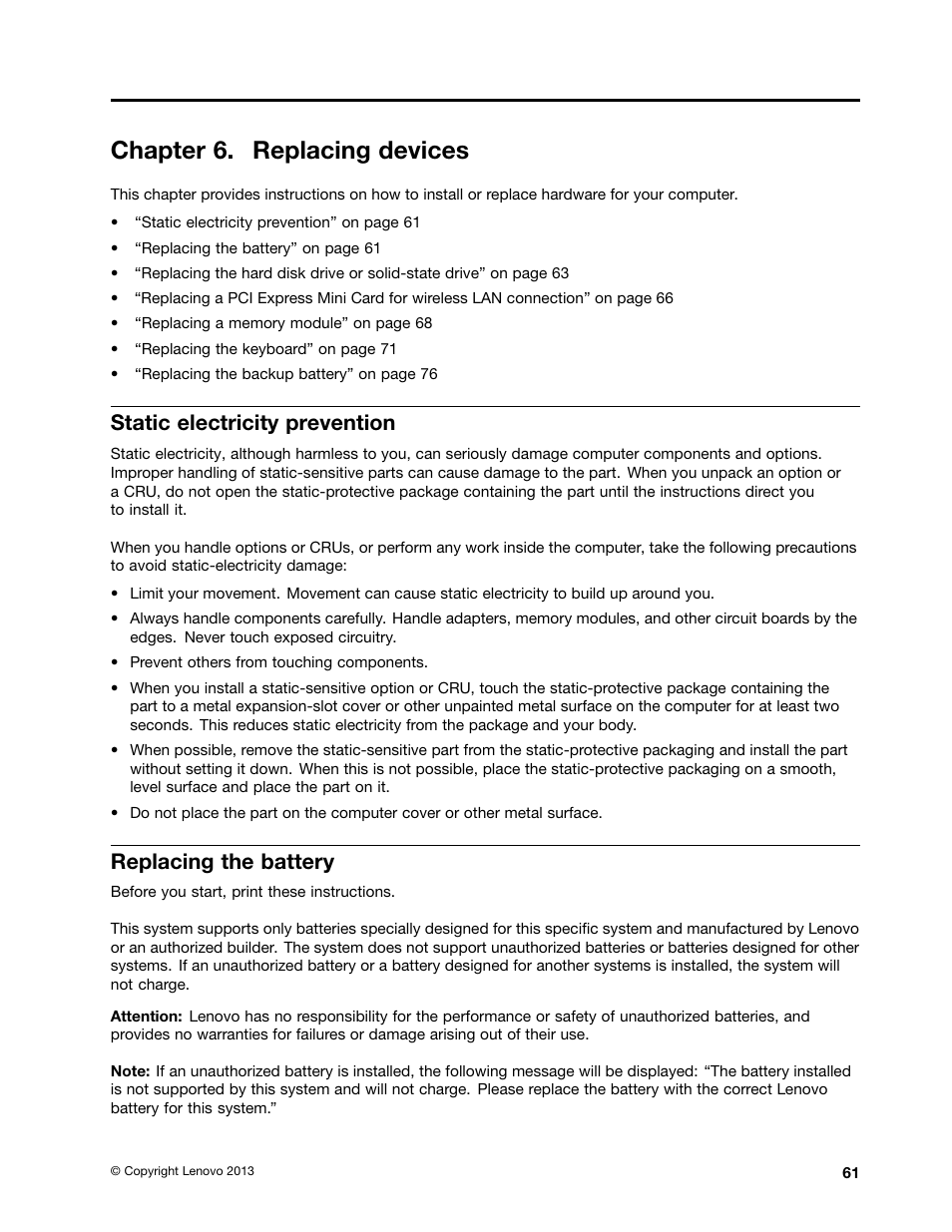 Chapter 6. replacing devices, Static electricity prevention, Replacing the battery | Lenovo ThinkPad X140e User Manual | Page 77 / 156