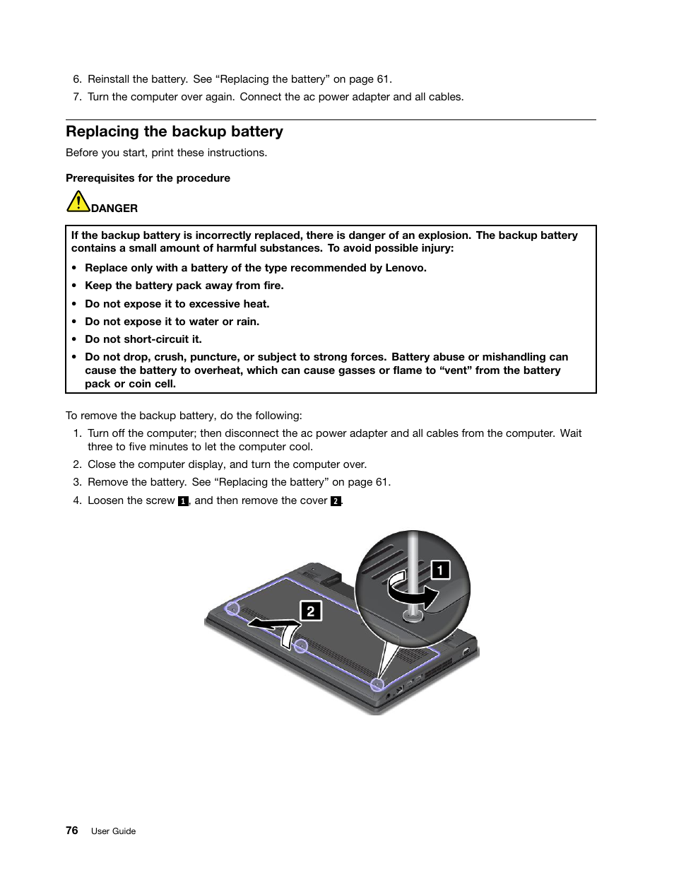 Replacing the backup battery | Lenovo ThinkPad X140e User Manual | Page 92 / 156