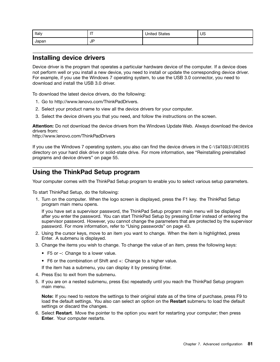 Installing device drivers, Using the thinkpad setup program | Lenovo ThinkPad X140e User Manual | Page 97 / 156