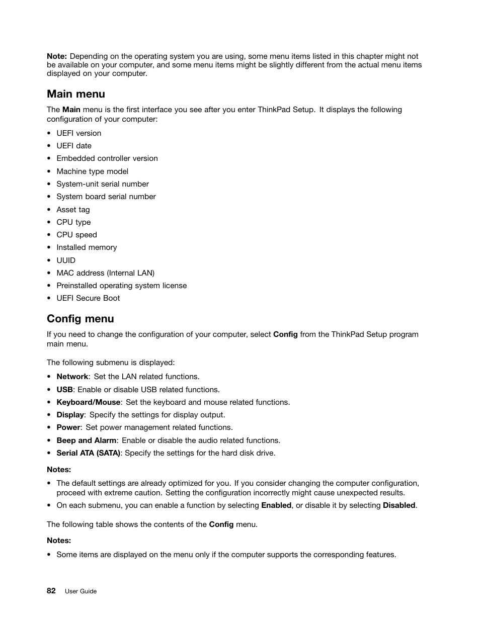 Main menu, Config menu | Lenovo ThinkPad X140e User Manual | Page 98 / 156