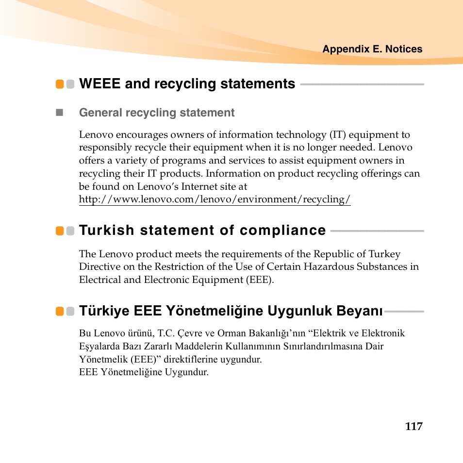 Weee and recycling statements, Turkish statement of compliance, Türkiye eee yönetmeliğine uygunluk beyanı | Lenovo IdeaPad U550 User Manual | Page 131 / 144