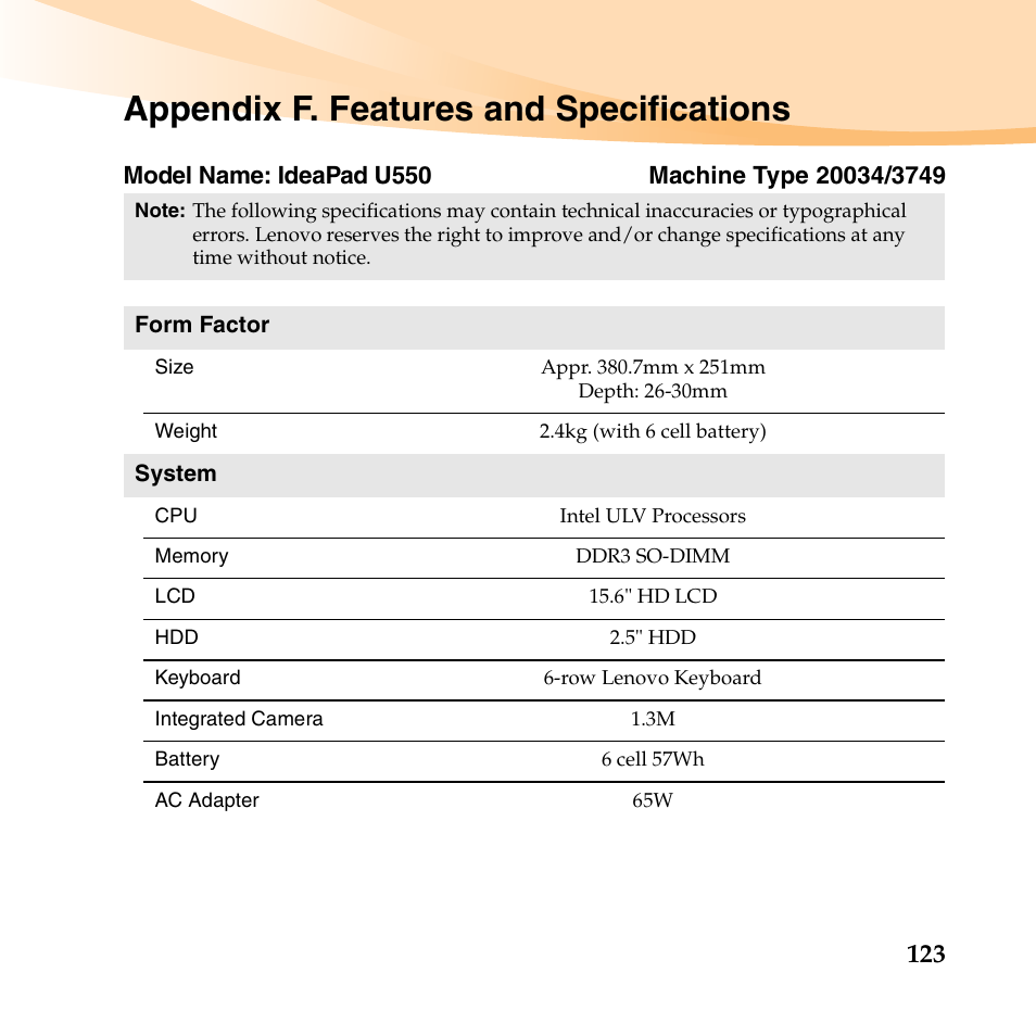 Appendix f. features and specifications | Lenovo IdeaPad U550 User Manual | Page 137 / 144