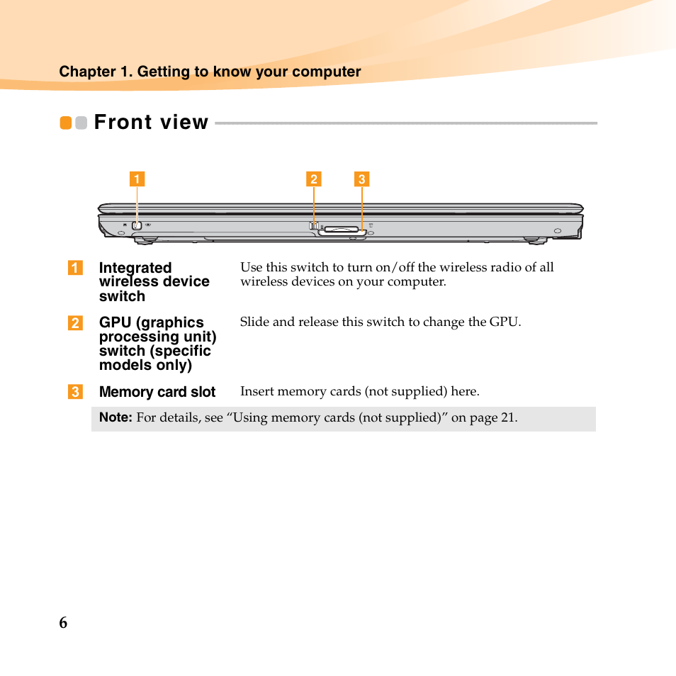 Front view | Lenovo IdeaPad U550 User Manual | Page 20 / 144