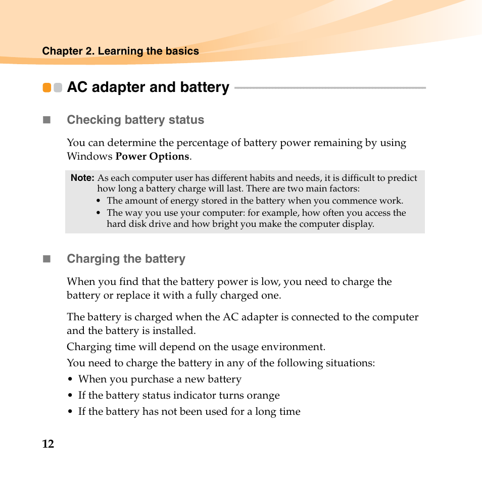 Ac adapter and battery | Lenovo IdeaPad U550 User Manual | Page 26 / 144