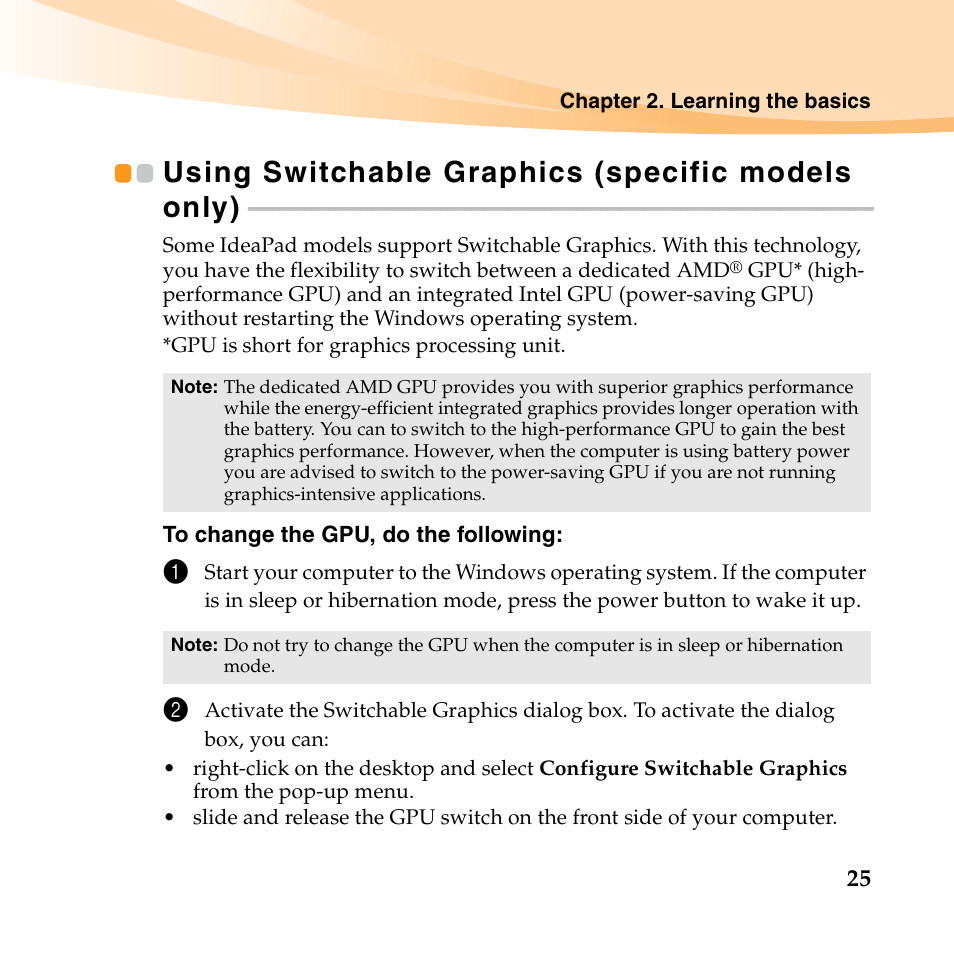 Using switchable graphics (specific models only) | Lenovo IdeaPad U550 User Manual | Page 39 / 144