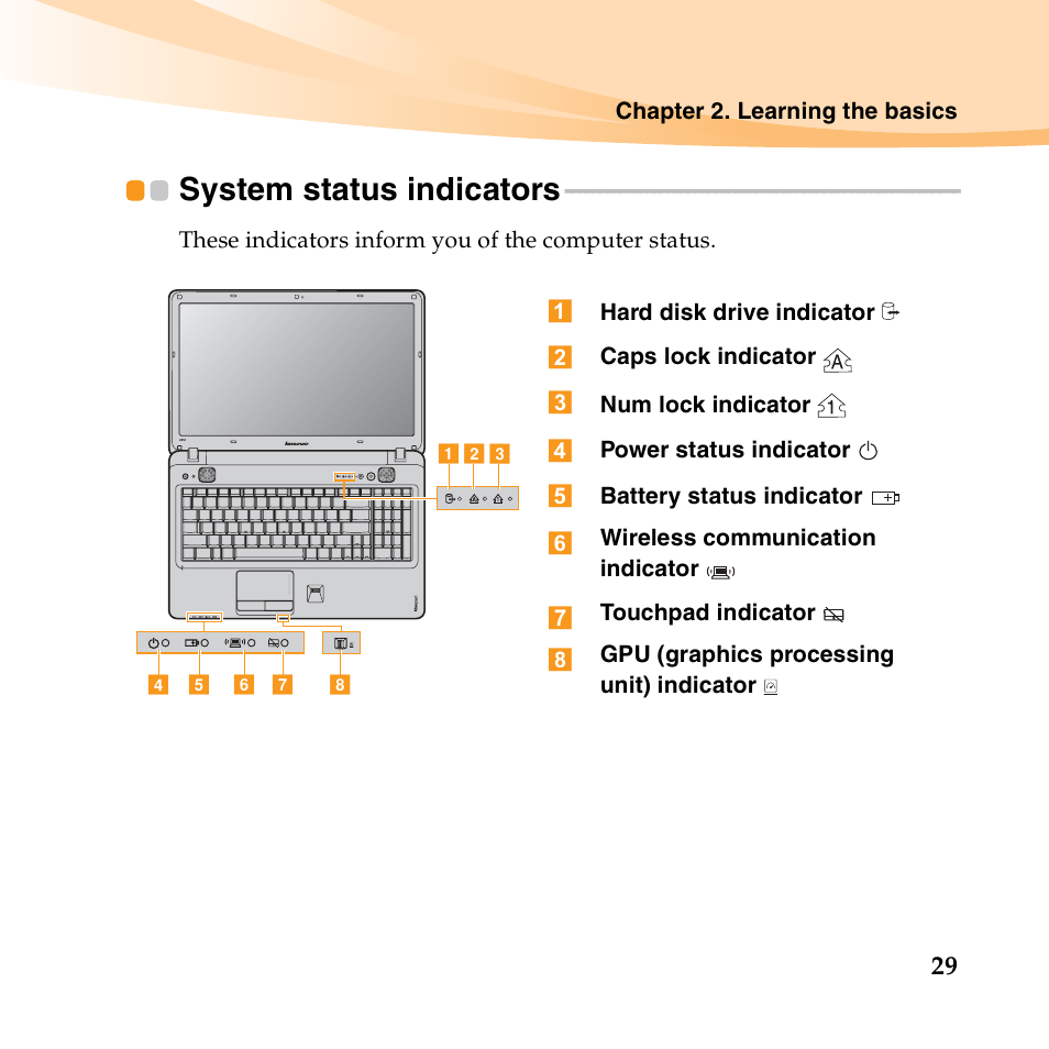 System status indicators | Lenovo IdeaPad U550 User Manual | Page 43 / 144