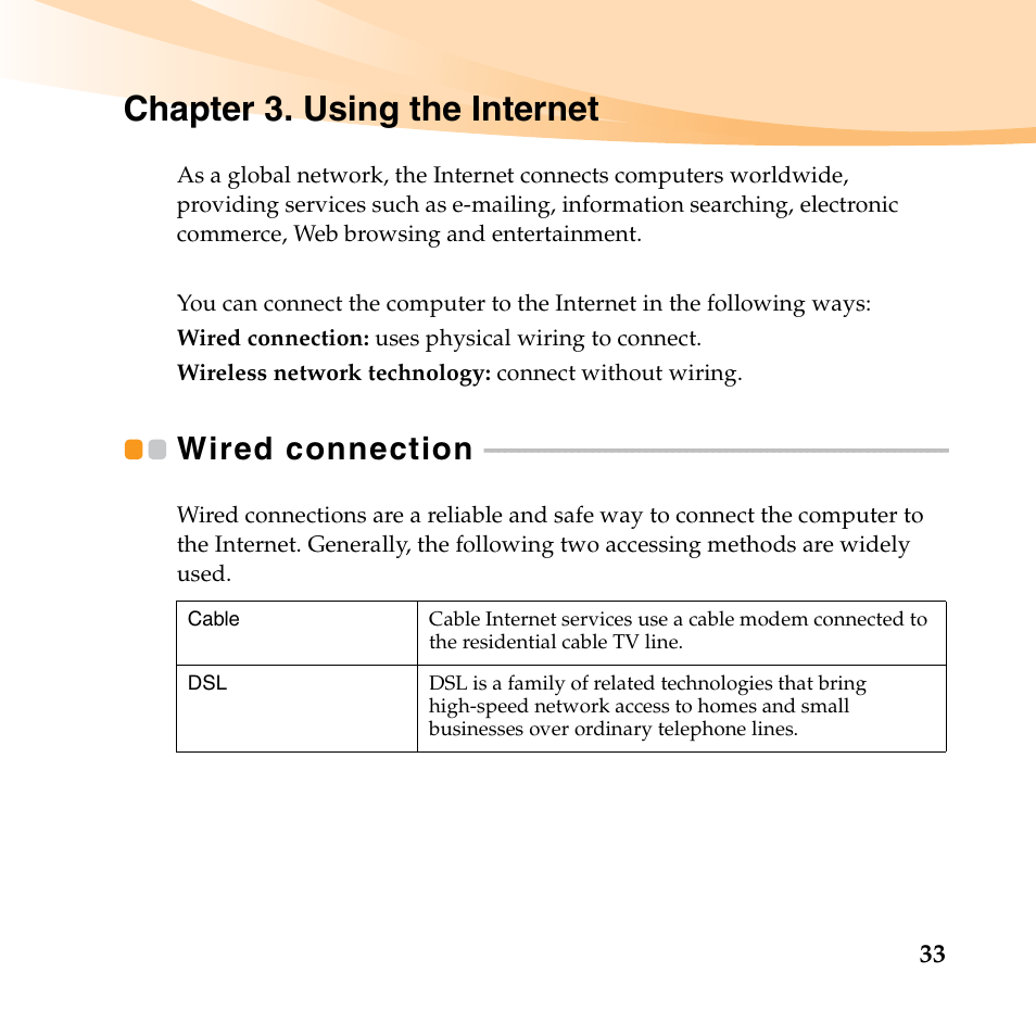 Chapter 3. using the internet, Wired connection | Lenovo IdeaPad U550 User Manual | Page 47 / 144