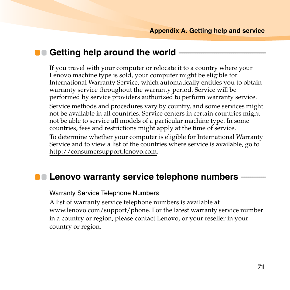 Getting help around the world, Lenovo warranty service telephone numbers | Lenovo IdeaPad U550 User Manual | Page 85 / 144