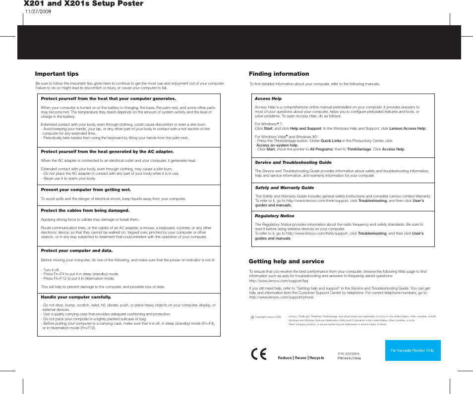 Important tips, Finding information, Getting help and service | Lenovo THINKPAD X201S User Manual | Page 2 / 2