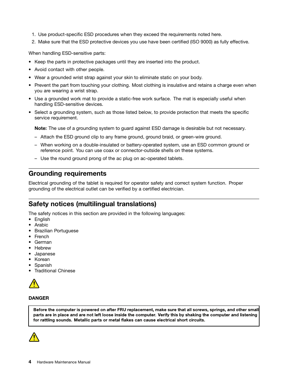 Grounding requirements, Safety notices (multilingual translations) | Lenovo ThinkPad Tablet User Manual | Page 10 / 72