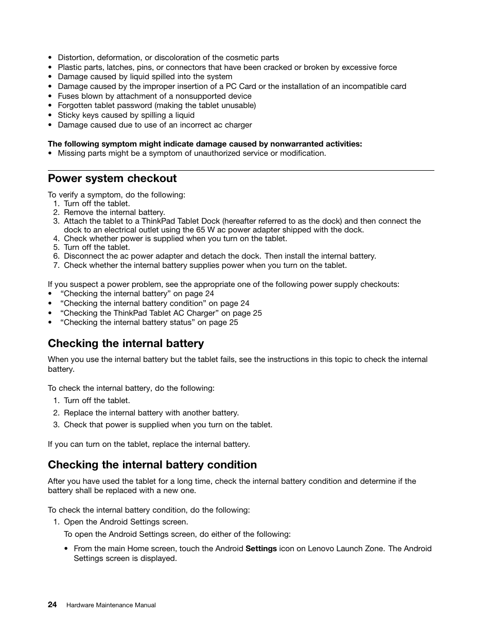 Power system checkout, Checking the internal battery, Checking the internal battery condition | Lenovo ThinkPad Tablet User Manual | Page 30 / 72