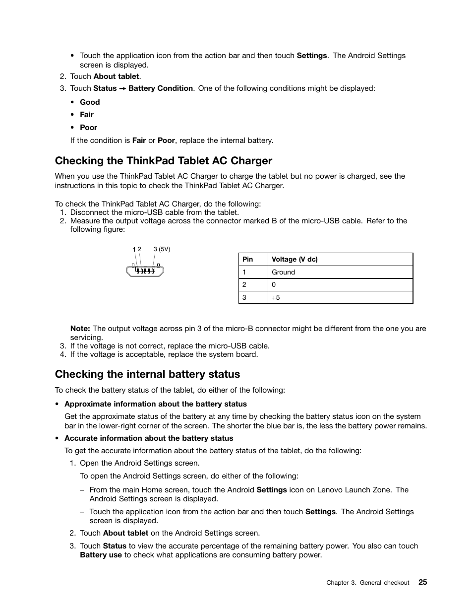Checking the thinkpad tablet ac charger, Checking the internal battery status | Lenovo ThinkPad Tablet User Manual | Page 31 / 72