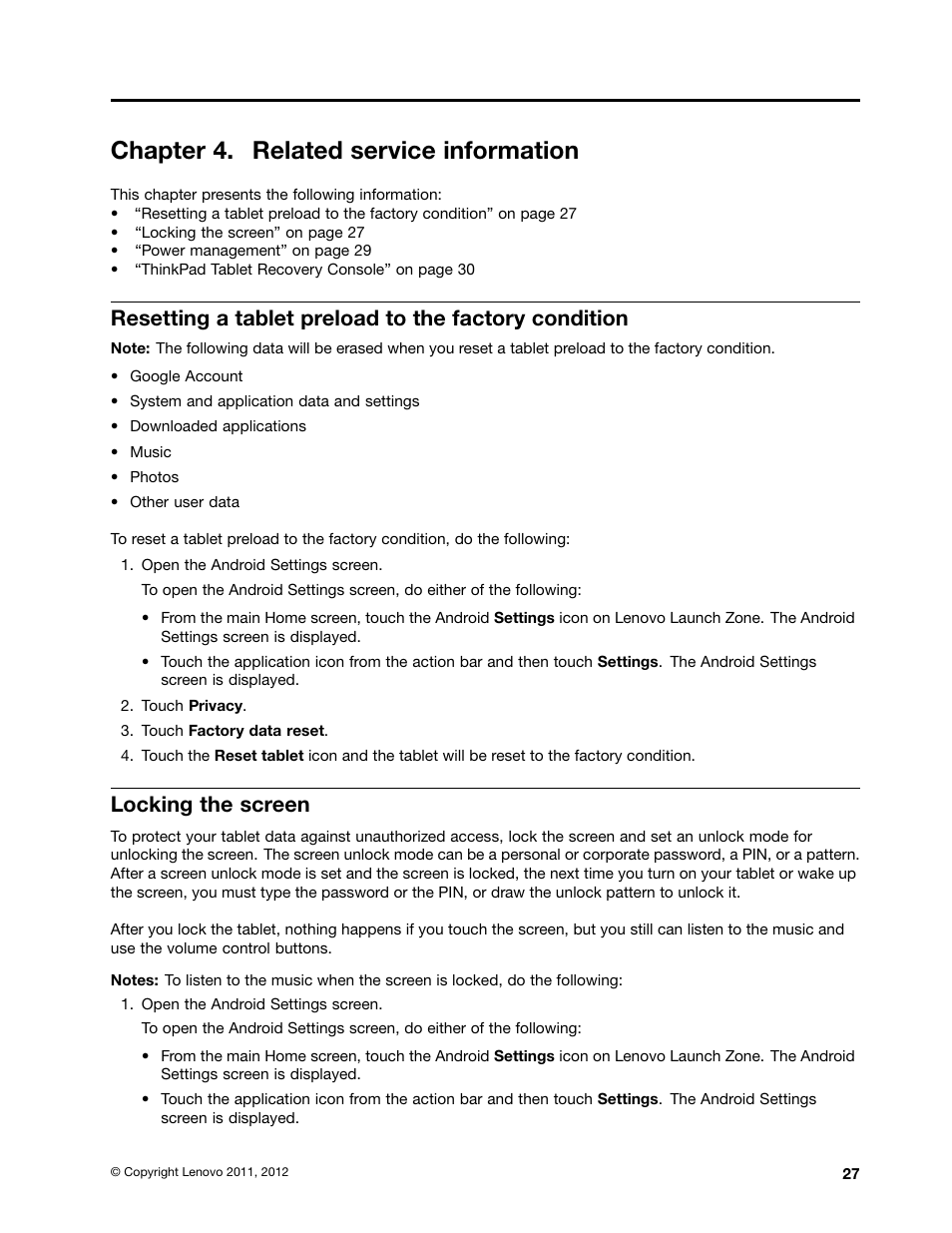 Chapter 4. related service information, Locking the screen | Lenovo ThinkPad Tablet User Manual | Page 33 / 72