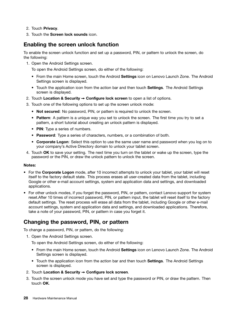 Enabling the screen unlock function, Changing the password, pin, or pattern | Lenovo ThinkPad Tablet User Manual | Page 34 / 72