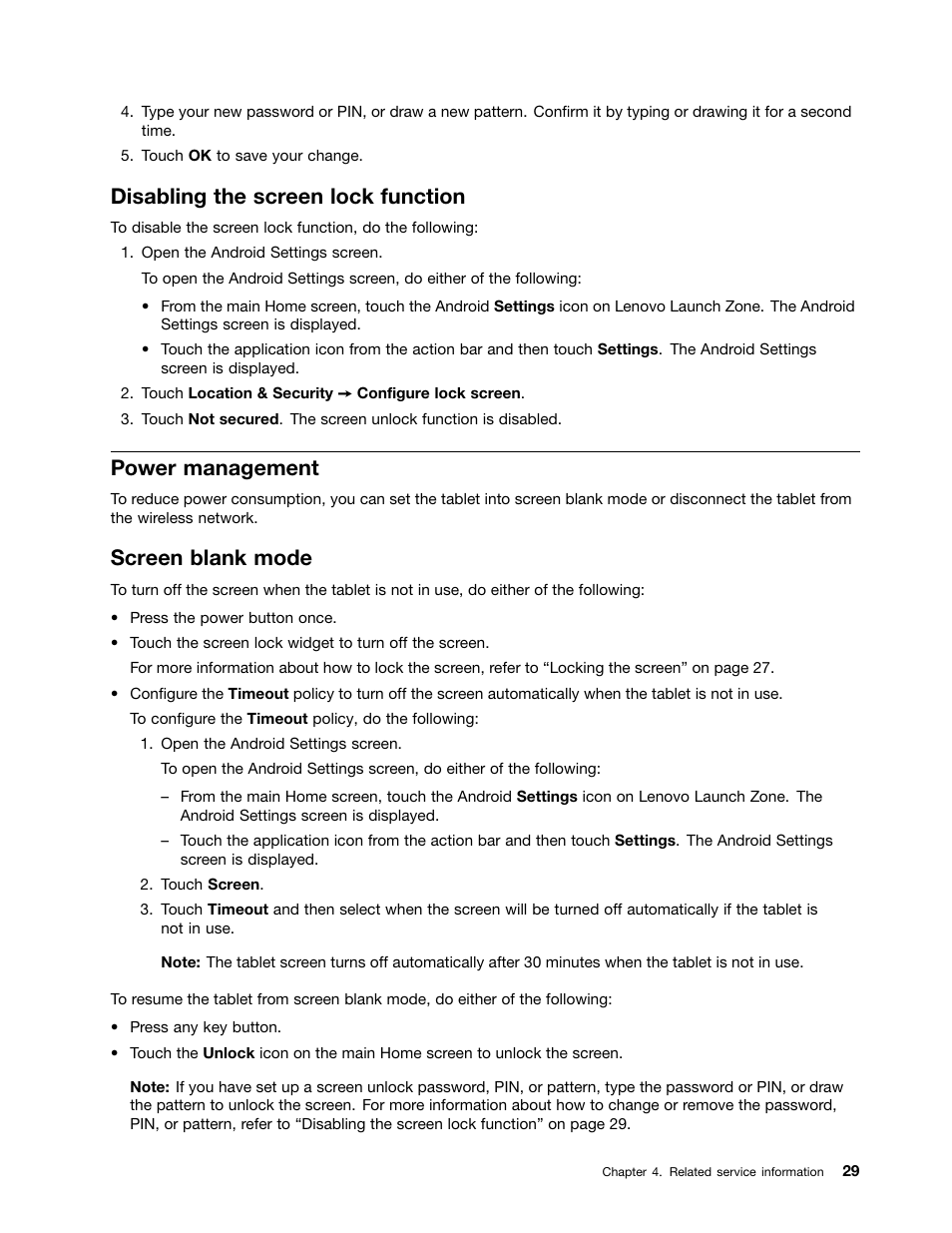 Disabling the screen lock function, Power management, Screen blank mode | Lenovo ThinkPad Tablet User Manual | Page 35 / 72