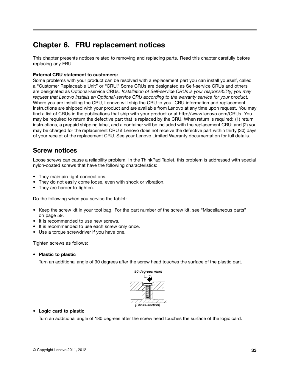 Chapter 6. fru replacement notices, Screw notices | Lenovo ThinkPad Tablet User Manual | Page 39 / 72