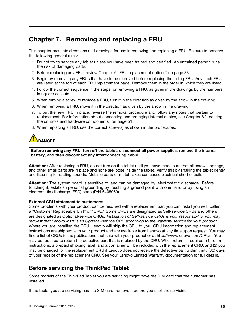 Chapter 7. removing and replacing a fru, Before servicing the thinkpad tablet | Lenovo ThinkPad Tablet User Manual | Page 41 / 72