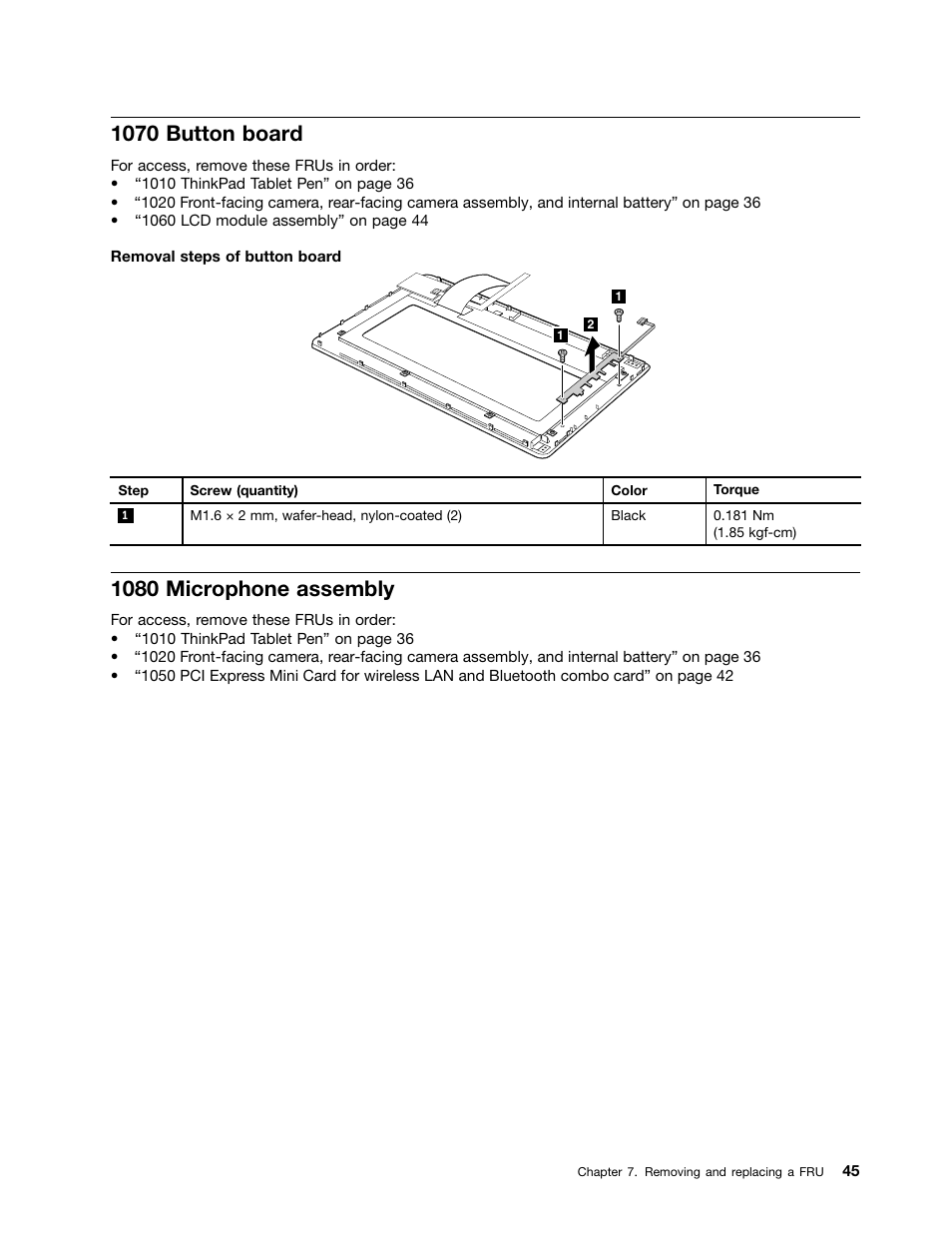 1070 button board, 1080 microphone assembly | Lenovo ThinkPad Tablet User Manual | Page 51 / 72