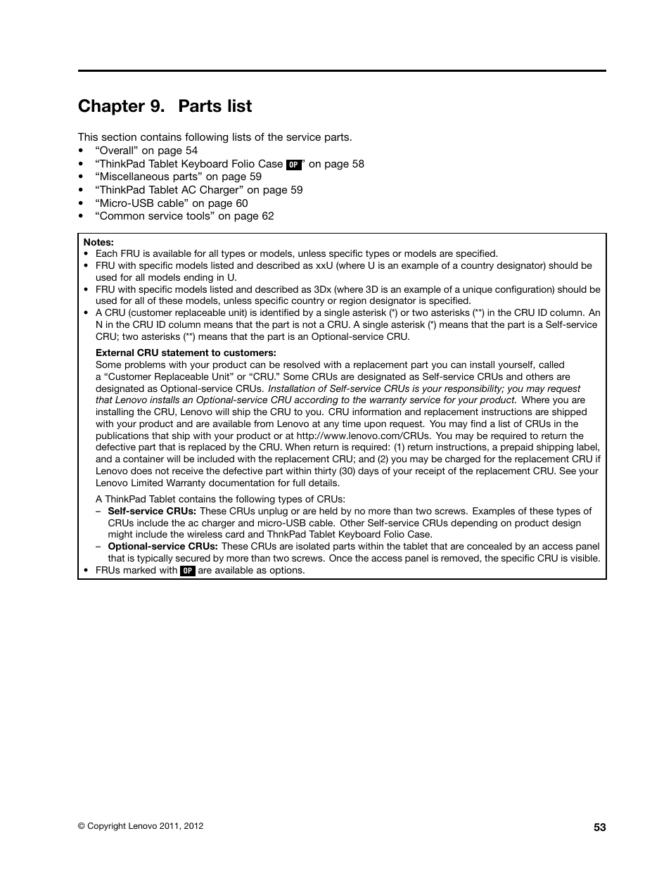 Chapter 9. parts list | Lenovo ThinkPad Tablet User Manual | Page 59 / 72