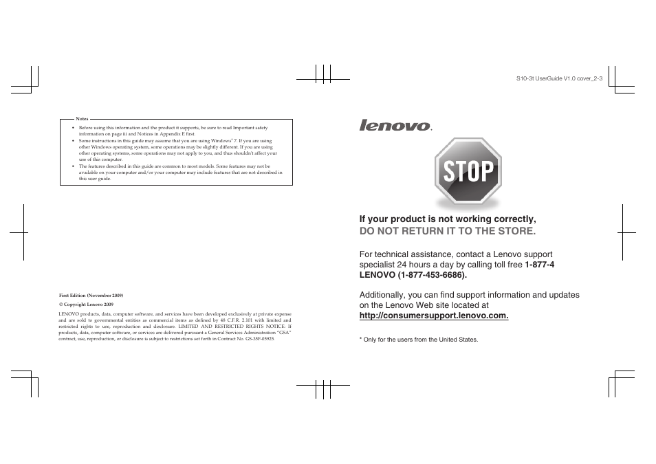 Do not return it to the store, If your product is not working correctly | Lenovo IdeaPad S10-3t User Manual | Page 2 / 150