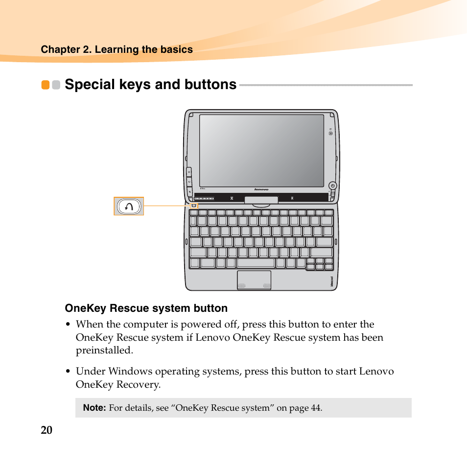 Special keys and buttons | Lenovo IdeaPad S10-3t User Manual | Page 34 / 150