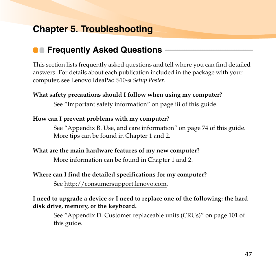 Chapter 5. troubleshooting, Frequently asked questions | Lenovo IdeaPad S10-3t User Manual | Page 61 / 150