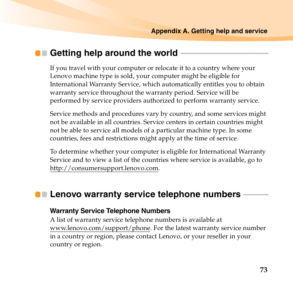 Getting help around the world, Lenovo warranty service telephone numbers | Lenovo IdeaPad S10-3t User Manual | Page 87 / 150