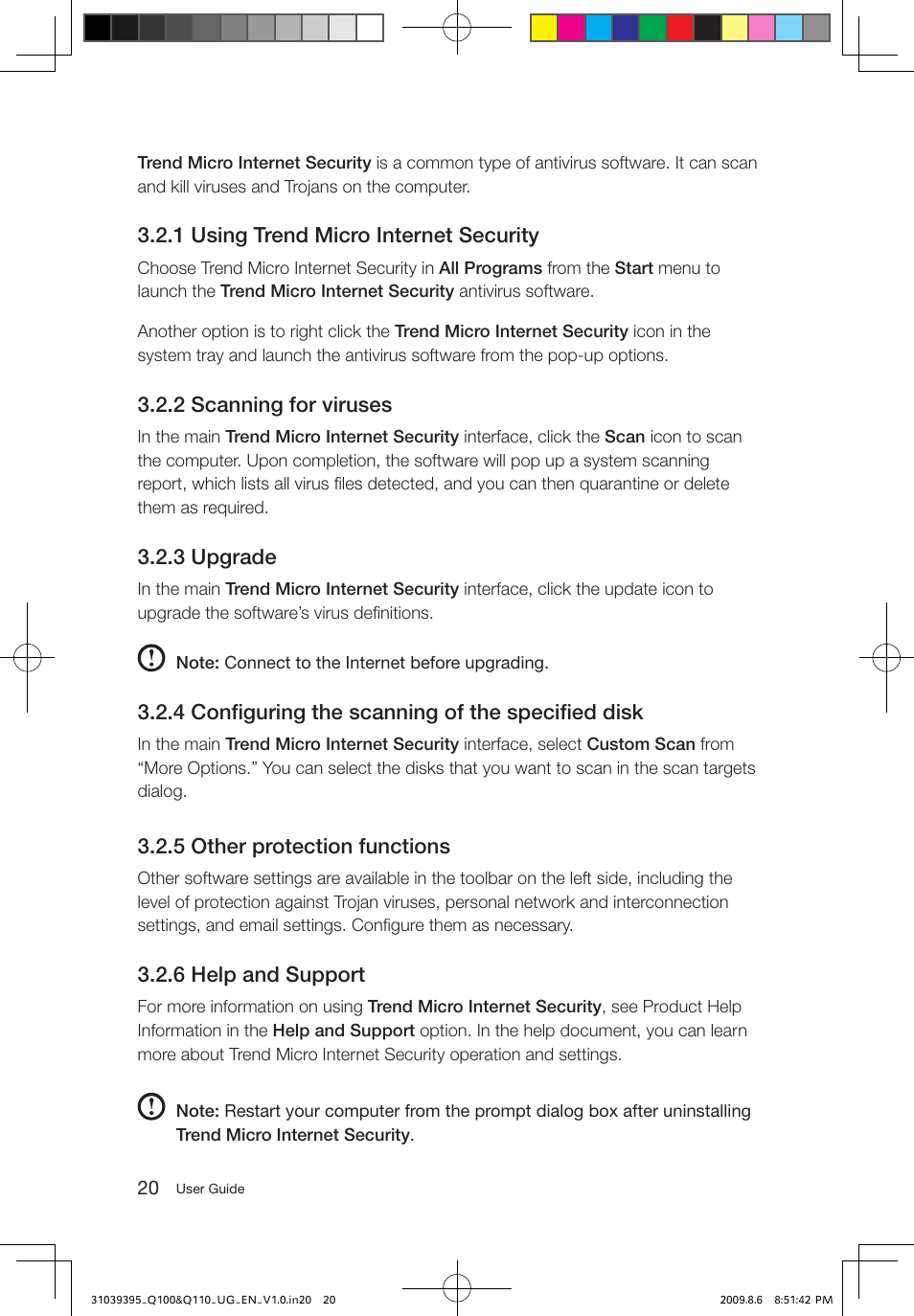1 using trend micro internet security, 2 scanning for viruses, 3 upgrade | 4 configuring the scanning of the specified disk, 5 other protection functions, 6 help and support | Lenovo IdeaCentre Q110 User Manual | Page 25 / 35