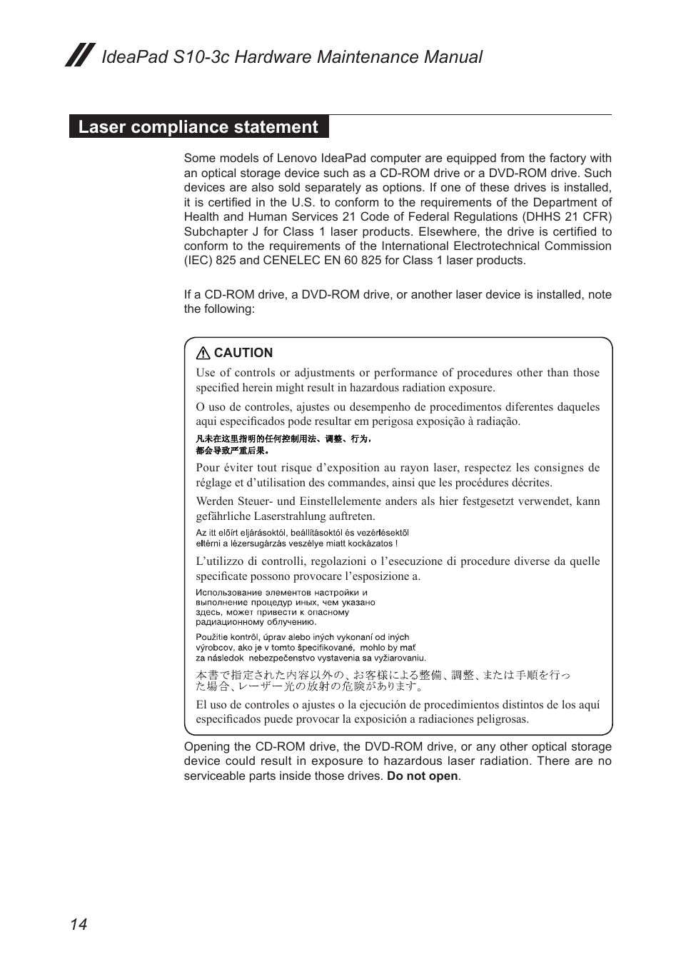 Laser compliance statement | Lenovo IdeaPad S10-3c User Manual | Page 18 / 88