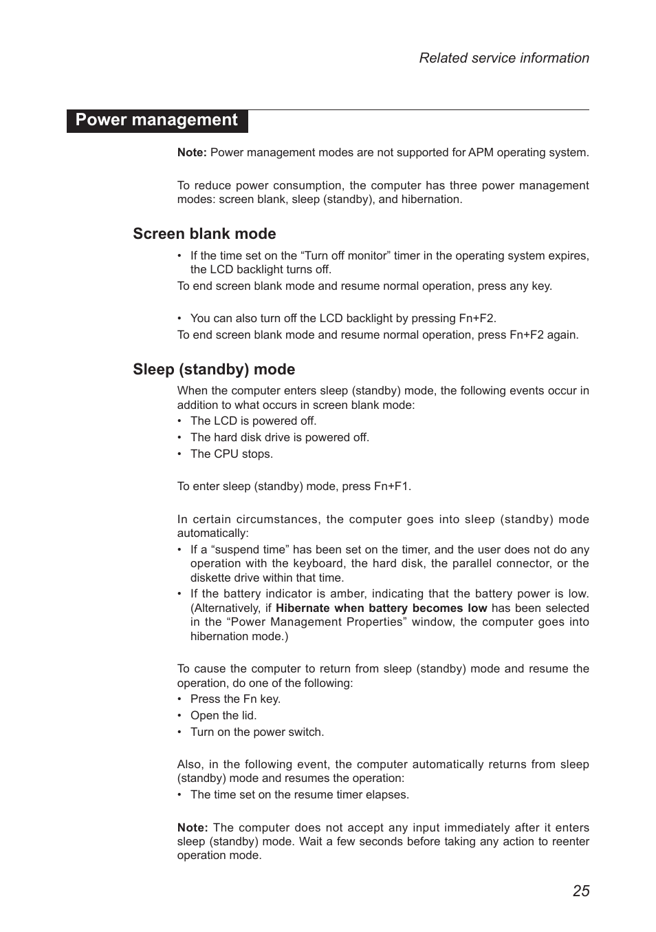 Power management, Screen blank mode, Sleep (standby) mode | Lenovo IdeaPad S10-3c User Manual | Page 29 / 88