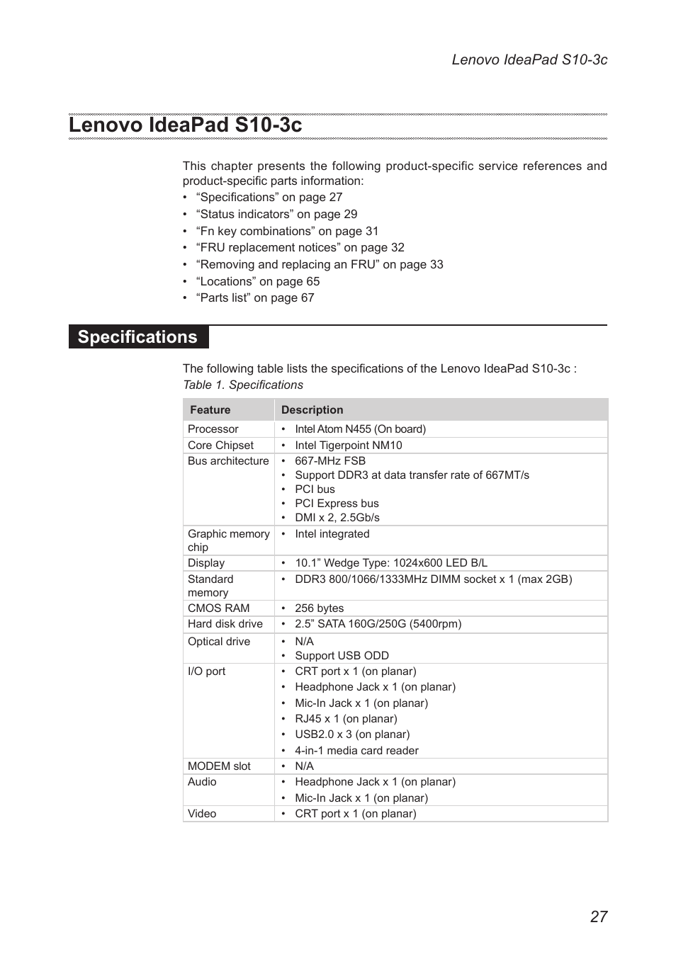 Lenovo ideapad s10-3c, Specifications | Lenovo IdeaPad S10-3c User Manual | Page 31 / 88