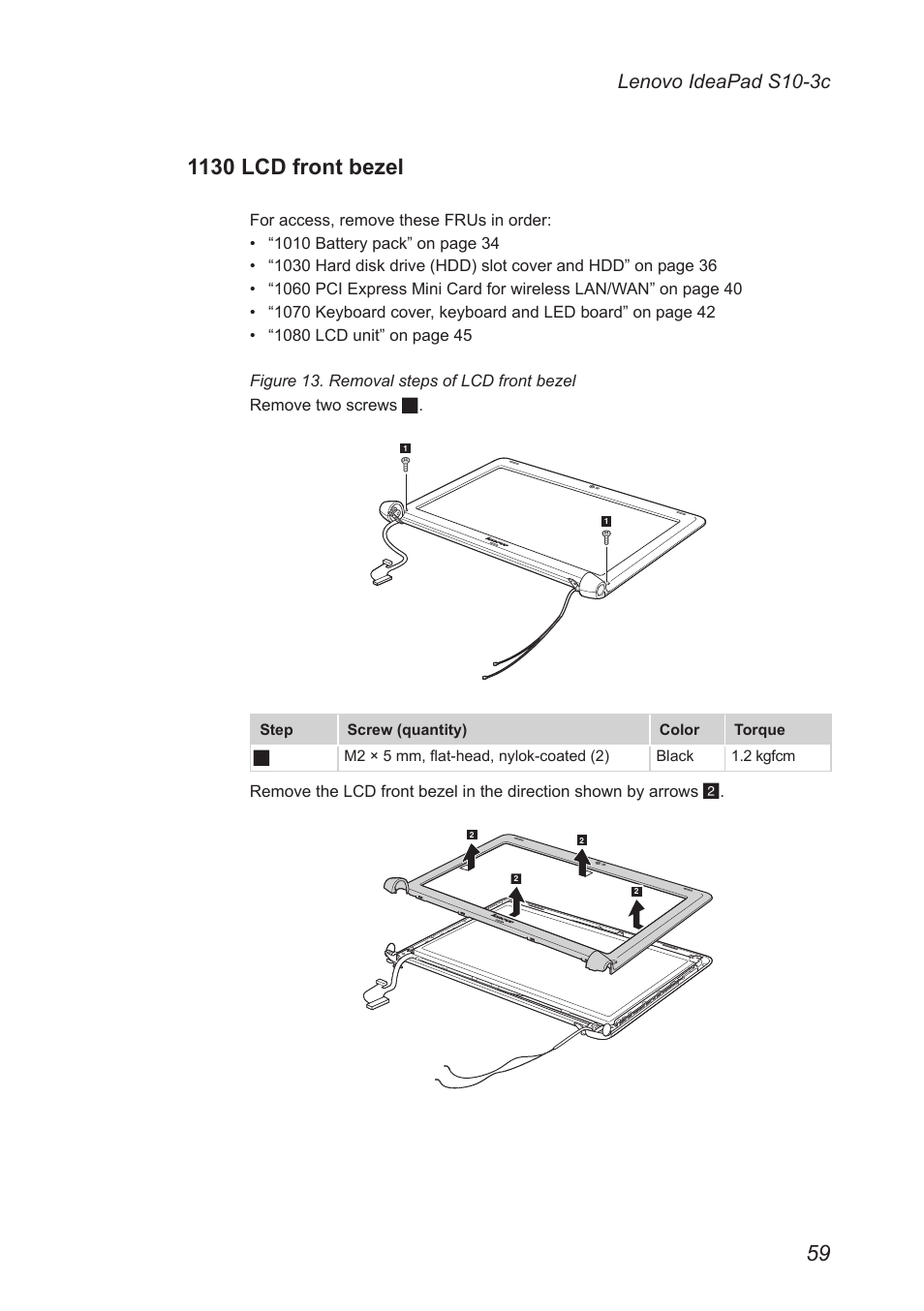 1130 lcd front bezel, Lenovo ideapad s10-3c | Lenovo IdeaPad S10-3c User Manual | Page 63 / 88