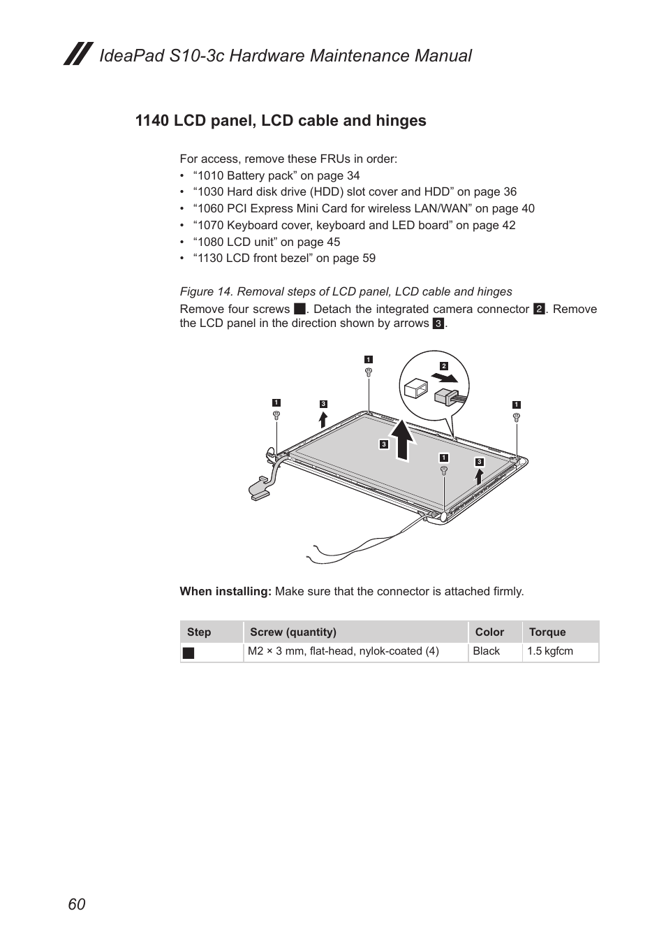 1140 lcd panel, lcd cable and hinges, Ideapad s10-3c hardware maintenance manual | Lenovo IdeaPad S10-3c User Manual | Page 64 / 88