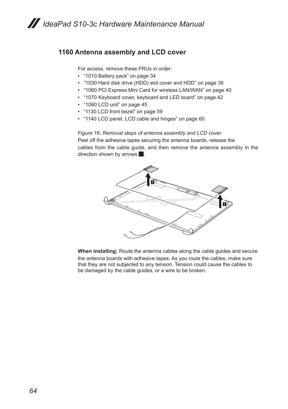 1160 antenna assembly and lcd cover, Ideapad s10-3c hardware maintenance manual | Lenovo IdeaPad S10-3c User Manual | Page 68 / 88