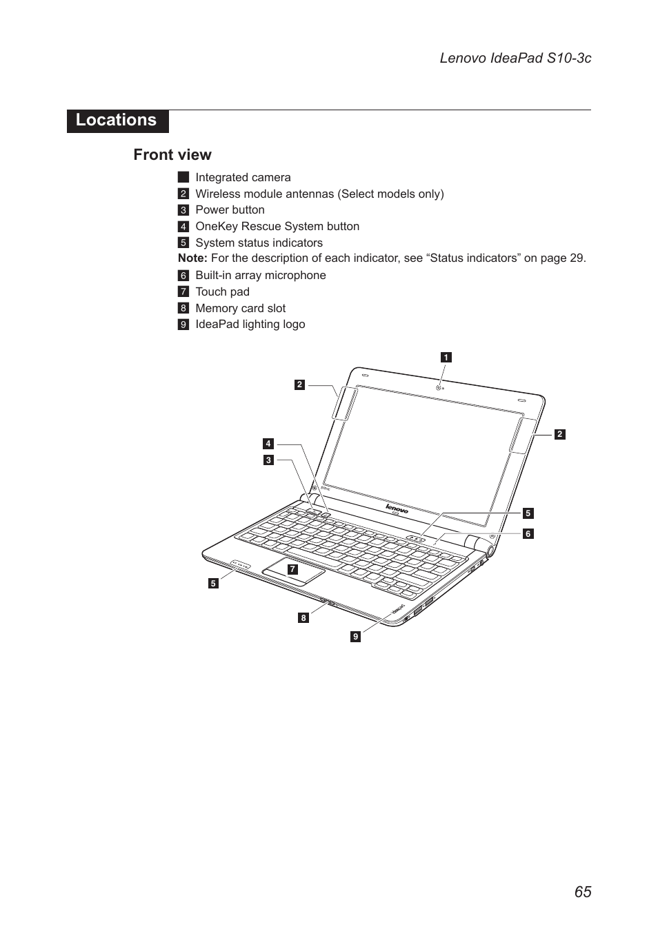 Locations, Front view | Lenovo IdeaPad S10-3c User Manual | Page 69 / 88