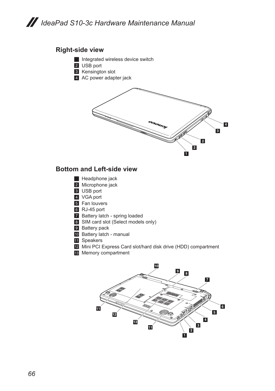 Right-side view, Bottom and left-side view, Ideapad s10-3c hardware maintenance manual | Lenovo IdeaPad S10-3c User Manual | Page 70 / 88